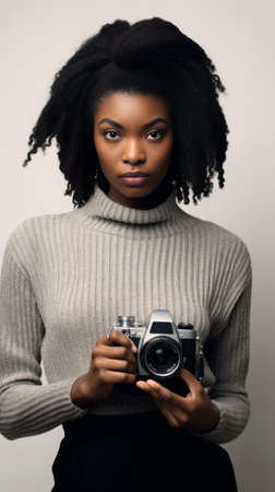 Say cheese Beautiful cheerful young African woman holding retro styled camera and focusing on you with smile while standing against grey background : Generative AIの素材