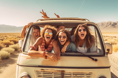 The best friends ever Group of cheerful young people embracing and looking at camera while standing on the beach with retro minivan in the background : Generative AIの素材