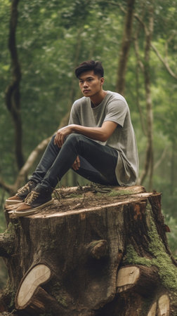 Taking smoking pause Full length of pensive young forester smoking and looking away while sitting on logs : Generative AIの素材