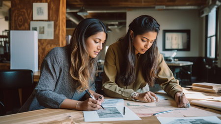 Two happy young women going through papers while working in the creative office together : Generative AIの素材
