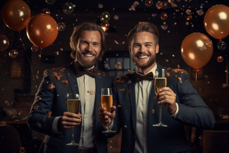 Three handsome young men in suits and bowties toasting with champagne while standing against gray background : Generative AIの素材
