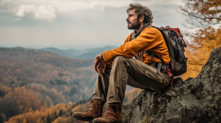 Tired adventurer with backpack holding hands on knees while resting against a rocky mountain : Generative AIの素材