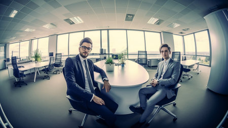 Try the new world of virtual reality Closeup of two young businessmen in casual wear communicating while one of them gives VR headset to another : Generative AIの素材