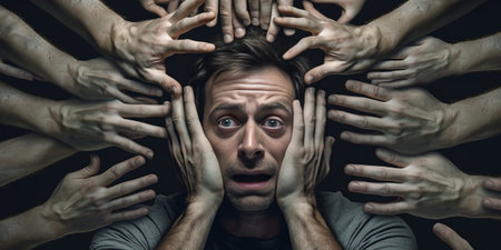 Why me Shocked young man looking at camera while many hands pointing him : Generative AIの素材