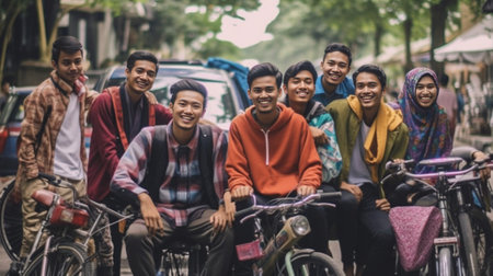 Relaxing after day riding Group of young smiling people bonding to each other and looking at smart phone while sitting outdoors together with bicycles in the background : Generative AIの素材