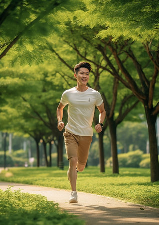 Starting day from morning jog Full length of handsome young man in sports clothing jogging in park : Generative AIの素材