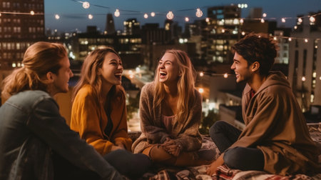 Spending great time with friends Top view of four young cheerful people chatting while sitting at the bean bags on the roof of the building : Generative AIの素材
