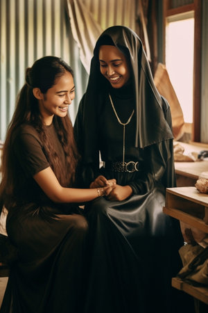 This dress is just perfect Smiling young woman showing dress to another woman and smiling while both sitting at the table in fashion workshop : Generative AIの素材
