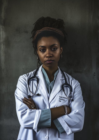 Thoughtful doctor Thoughtful African doctor holding hand on chin and looking away while standing against grey background : Generative AIの素材