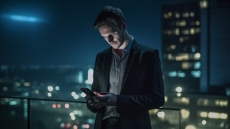Quick business message Night time image of confident young businessman in formalwear holding smart phone and looking at it while standing outdoors with cityscape in the b : Generative AIの素材