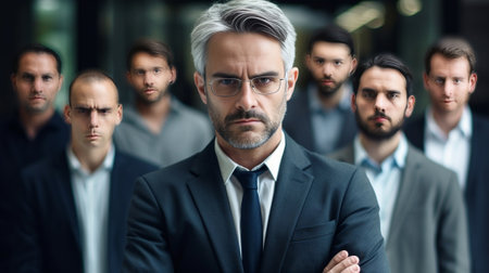 In search of the new ideas Thoughtful mature man in formalwear holding hand on chin and looking away while his colleagues standing on background : Generative AIの素材