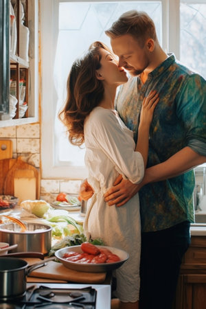 He will never let her go Beautiful young couple cooking dinner and drinking wine while standing in the kitchen at home : Generative AIの素材