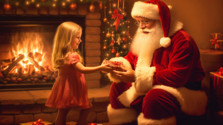 I wish Happy little girl sitting on Santa Claus knees and whispering something at his ear with fireplace in the background : Generative AIの素材