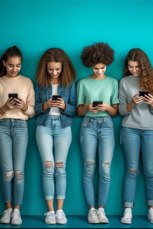 Living in digital age Full length of five beautiful women holding smart phones and smiling while standing against grey background : Generative AIの素材