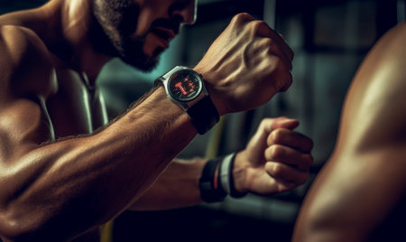 It was a great workout Cropped image of young muscular man checking time on his watches while standing outdoors : Generative AIの素材