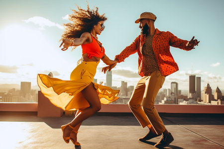 Just dance Full length of beautiful young couple holding hands and spinning while dancing on the bridge outdoors : Generative AIの素材