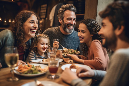 Modern multigeneration family smiling while having dinner together : Generative AIの素材