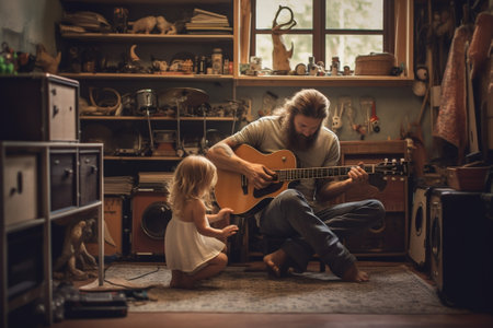 Music is so much fun Young father teaching his little daughter to play guitar and smiling while sitting on the floor in bedroom : Generative AIの素材