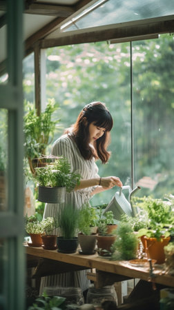 Making the world green Cropped image of woman in apron taking care of plants while standing in greenhouse : Generative AIの素材