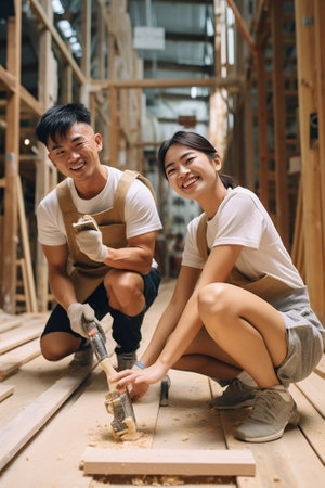 Playful young couple having fun together while sitting on the wooden pallet outdoor : Generative AIの素材