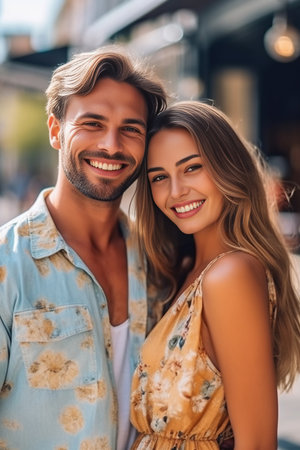 Loving couple Beautiful young couple embracing and smiling while standing outdoors : Generative AIの素材