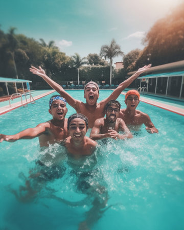 Pool fun Group of beautiful young people looking happy while jumping into the swimming pool together : Generative AIの素材
