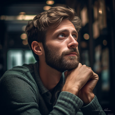 Thoughtful handsome Thoughtful young bearded man holding hand on chin and looking at camera while sitting at the chair and in front of the window : Generative AIの素材