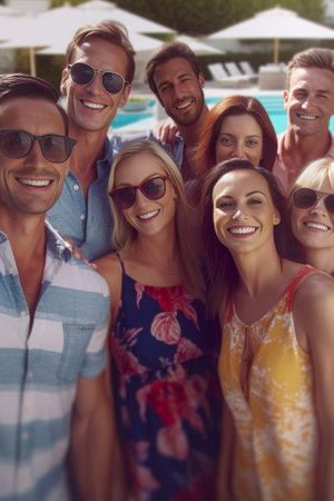 Ready to get refreshed Group of beautiful young people looking happy while preparing to jump into the swimming pool : Generative AIの素材