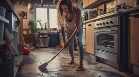 Tired senior woman leaning at the mop while standing at the domestic kitchen : Generative AIの素材