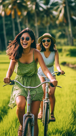 Summertime fun on bicycle Closeup of two young women bonding over their yellow bicycle : Generative AIの素材