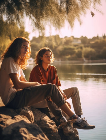 She means everything to him Beautiful young couple sitting on the wooden platform near the lake while spending time outdoors : Generative AIの素材