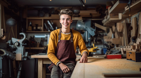 Smiling woodworker Cheerful young male carpenter leaning at the wooden table with diverse working tools laying on it : Generative AIの素材