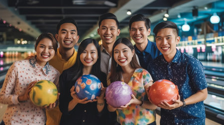 We are a team Cheerful young man and women looking over shoulders and holding bowling balls while standing against bowling alleys : Generative AIの素材