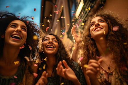 Yeah Four attractive young women in pajamas smiling and gesturing while jumping in the bedroom with confetti flying everywhere : Generative AIの素材