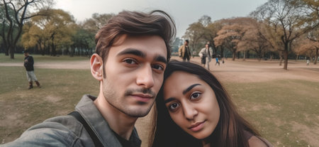 We love selfie Happy young loving couple making selfie and smiling while sitting together on the grass in park : Generative AIの素材