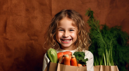 Health in her hands Beautiful young woman in apron holding paper shopping bag full of fresh vegetables and smiling while standing in front of wooden background : Generative AIの素材