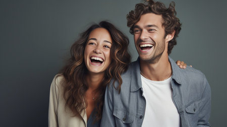 He will never let her go Beautiful young couple bonding and smiling while sitting against grey background : Generative AIの素材