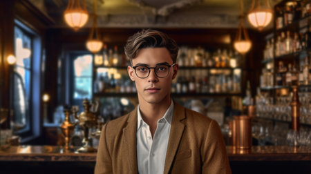 Man in bar Handsome young man in shirt and tie leaning at the bar counter and and looking at camera while empty glasses standing near him : Generative AIの素材