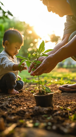 Let me help you Little boy helping his father to plant the tree while working together in the garden : Generative AIの素材