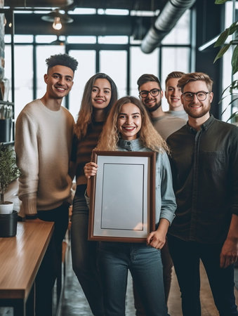 I will get this job Group of young people in smart casual wear sitting in a row at the chairs and holding papers while beautiful woman drinking coffee and smiling : Generative AIの素材