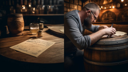 Making notes about wine Confident male sommelier writing something in his note pad while sitting near the wine barrel : Generative AIの素材