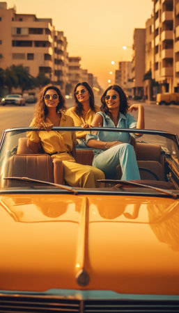 Selfie time Side view of four beautiful young cheerful women making selfie and smiling while sitting in car together : Generative AIの素材