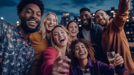 Selfie time Group of cheerful young people bonding to each other and making selfie on smart phone while drinking beer and eating pizza together : Generative AIの素材