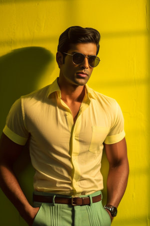 Portrait of handsome Indian man adjusting eyeglasses against brown background : Generative AIの素材