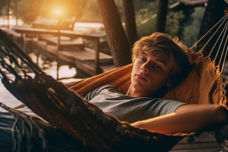 Perfect place to stay Rear view of young man sitting in hammock while camping with his girlfriend : Generative AIの素材