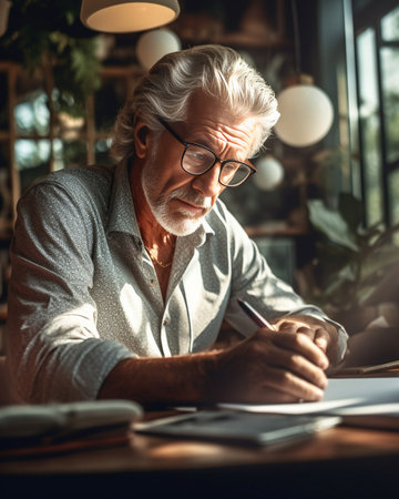 Making some business notes Serious grey hair senior man in shirt writing something in his note pad and while standing in front of the window : Generative AIの素材