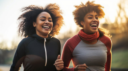 Two attractive young women holding hands and smiling while running outdoors together : Generative AIの素材