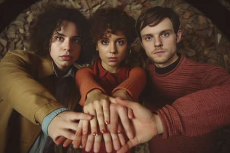 Ready for new achievements every day Closeup part of top view of group of four young people holding hands and showing their unity with smile while sitting on the couch at : Generative AIの素材