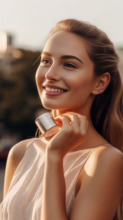 Looking amazing Attractive young woman keeping hand in hair and smiling while standing outdoors : Generative AIの素材
