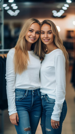 Young perfectionists Top view of beautiful young women measuring jeans with tape and smiling while spending time in the workshop : Generative AIの素材